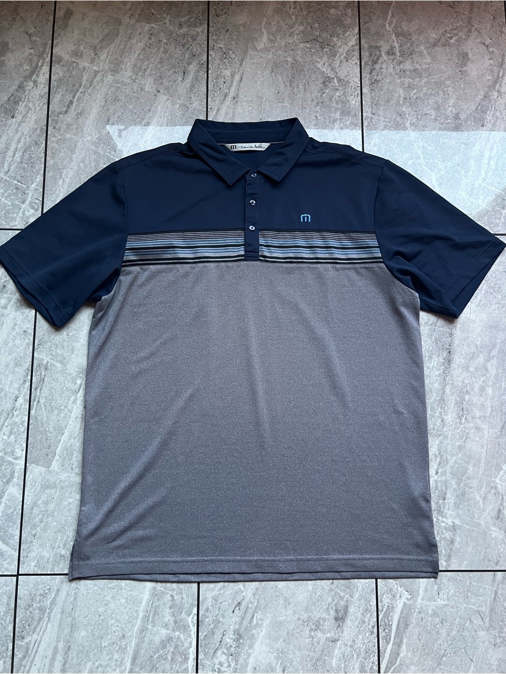 Travis Mathew Mens Navy/Heather Gray Striped Embroidered Logo Golf Polo Shirt XL